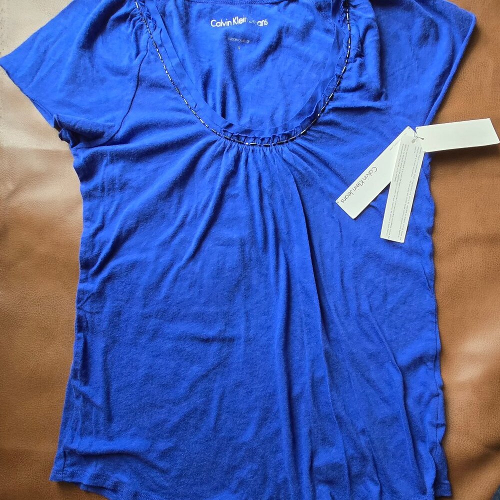 Calvin Klein Jeans Royal Blue Beaded Tee NWT Size L